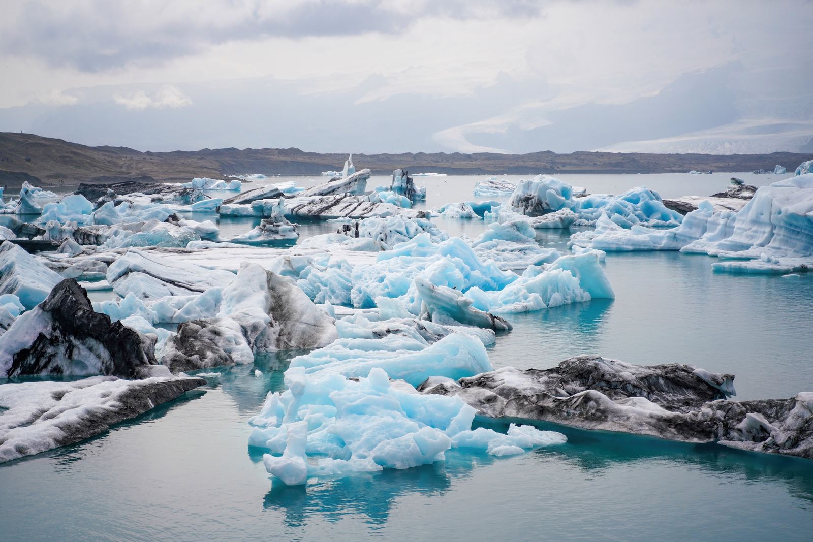 Blue and white icebergs floating in the Jökulsárlón glacier lagoon with the glacier behind