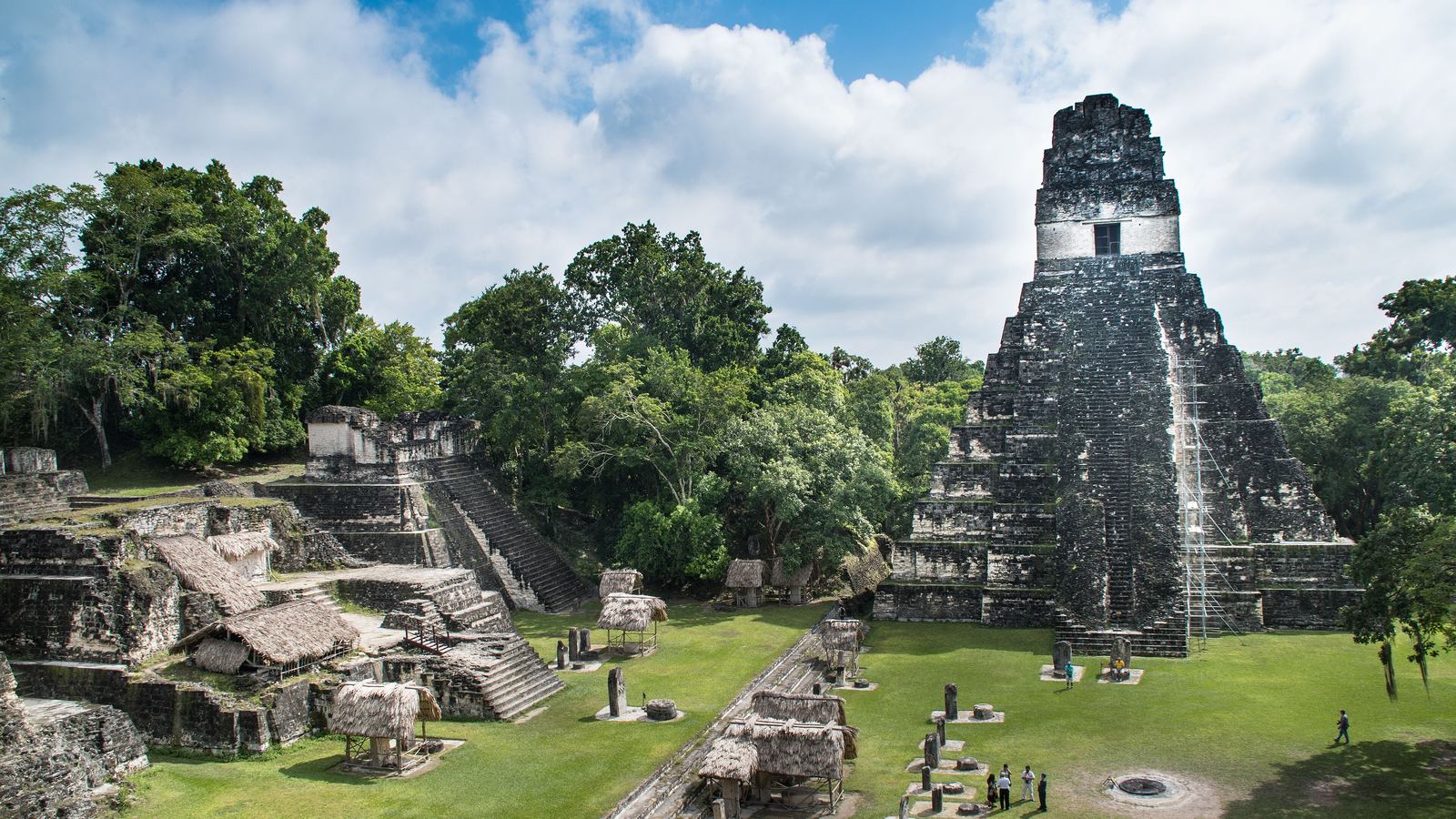 De Tempel van de Grote Jaguar (Tempel I) boven het grasveld van de Gran Plaza in de Mayastad Tikal, omringd door jungle