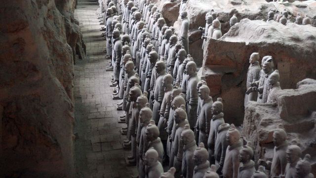 Rows of terracotta soldiers in the main pit near Xi'an