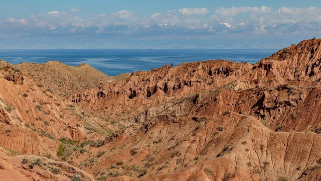 Red and yellow rock formations in the Skazka canyon