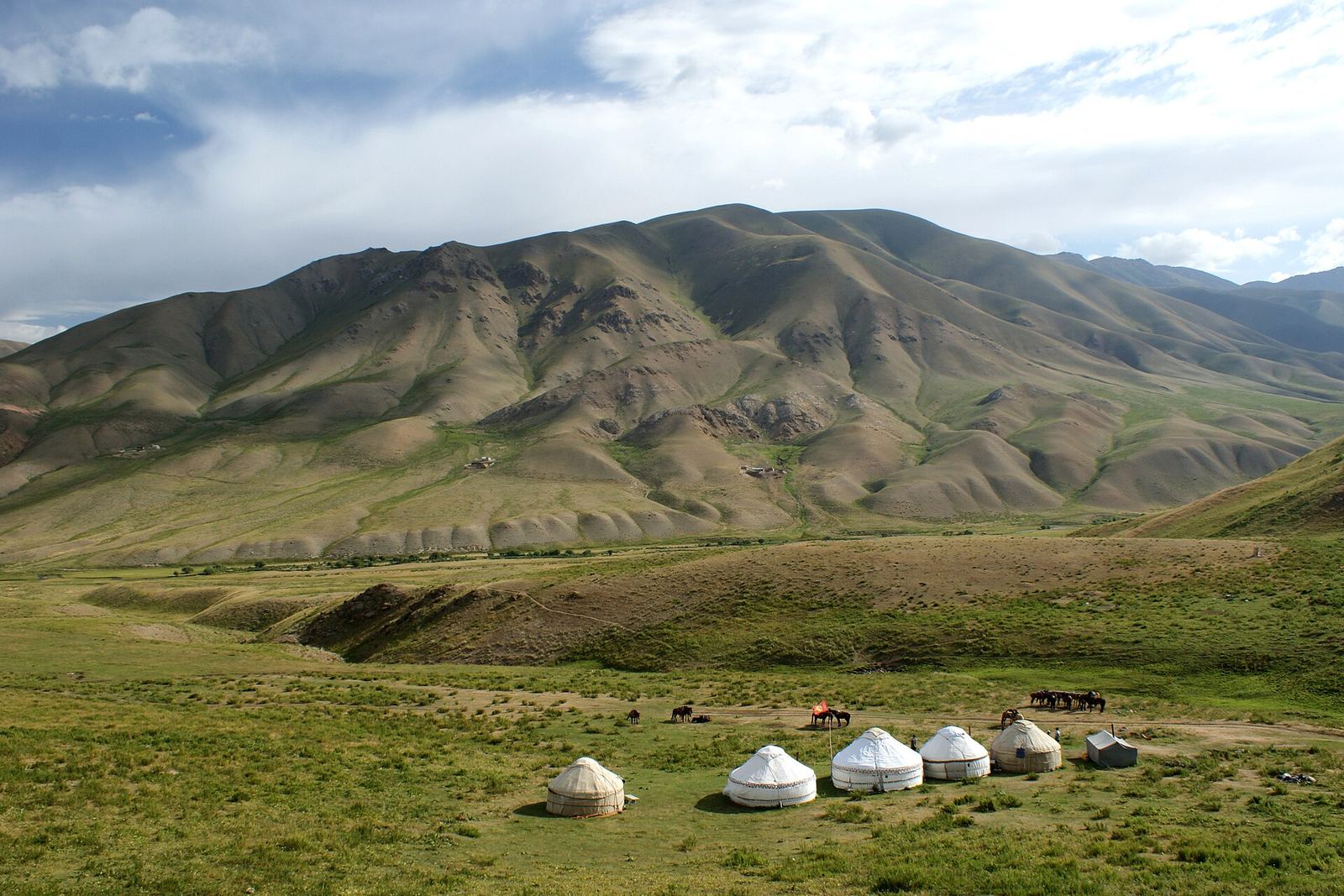 Yurts and horses on the high plateau around Song-Kul lake